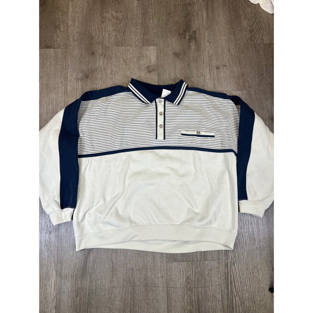 Puritan Mens 2XL Vintage Striped Colorblock Polo Sweatshirt Navy Cream PT417011